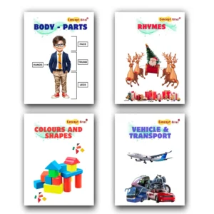Early Learning Concepts | Body parts, Rhymes, Vehicles and Transport, Colors and Shapes | Set of 4 picture books
