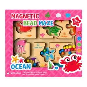 Wooden Magnetic Bead Maze | Pink – Ocean theme | Montessori Educational Toy with Magnetic Pen | Color & Number Recognition Game for Kids 3+ Years